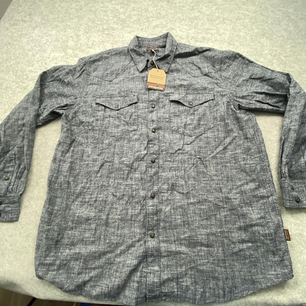 Patagonia Shirt Mens XL Blue Chambray Western Snap Front Long Sleeve Hemp